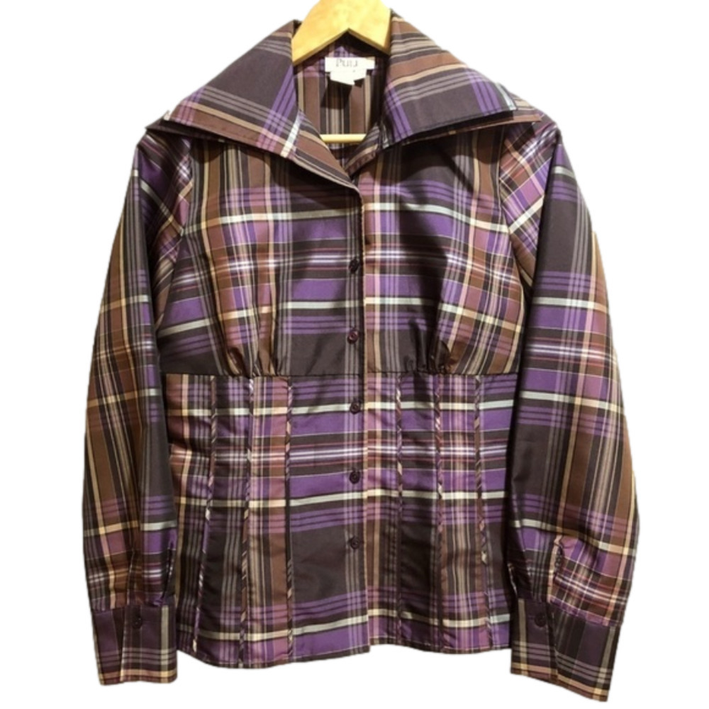 PULI Purple plaid Button up double collar jacket blouse​​​.  Feminine. Medium